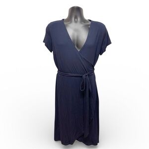 LOFT Navy Blue Wrap Dress Short Sleeve V Neck Tie Waist Women’s Medium